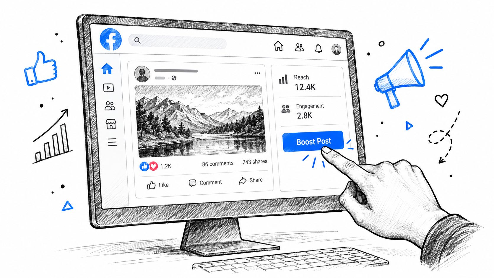 A hand clicking the Boost Post button on a Facebook social media dashboard illustration.