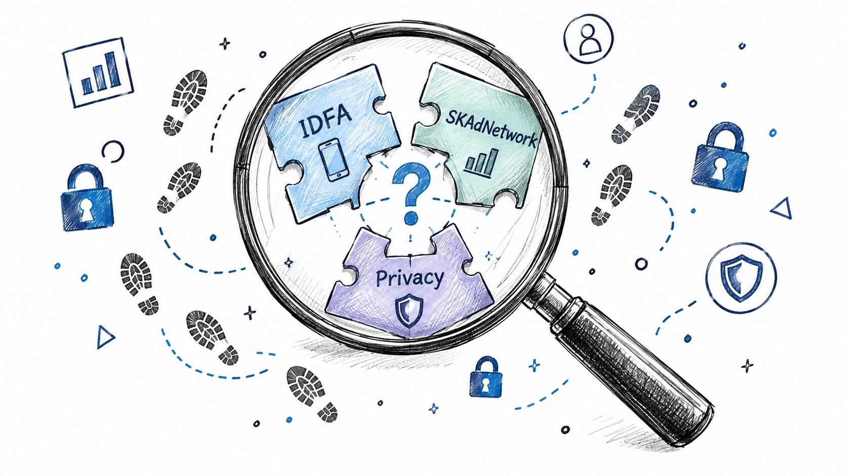 A magnifying glass focusing on puzzle pieces labeled IDFA, SKAdNetwork, and Privacy surrounded by digital tracking icons.