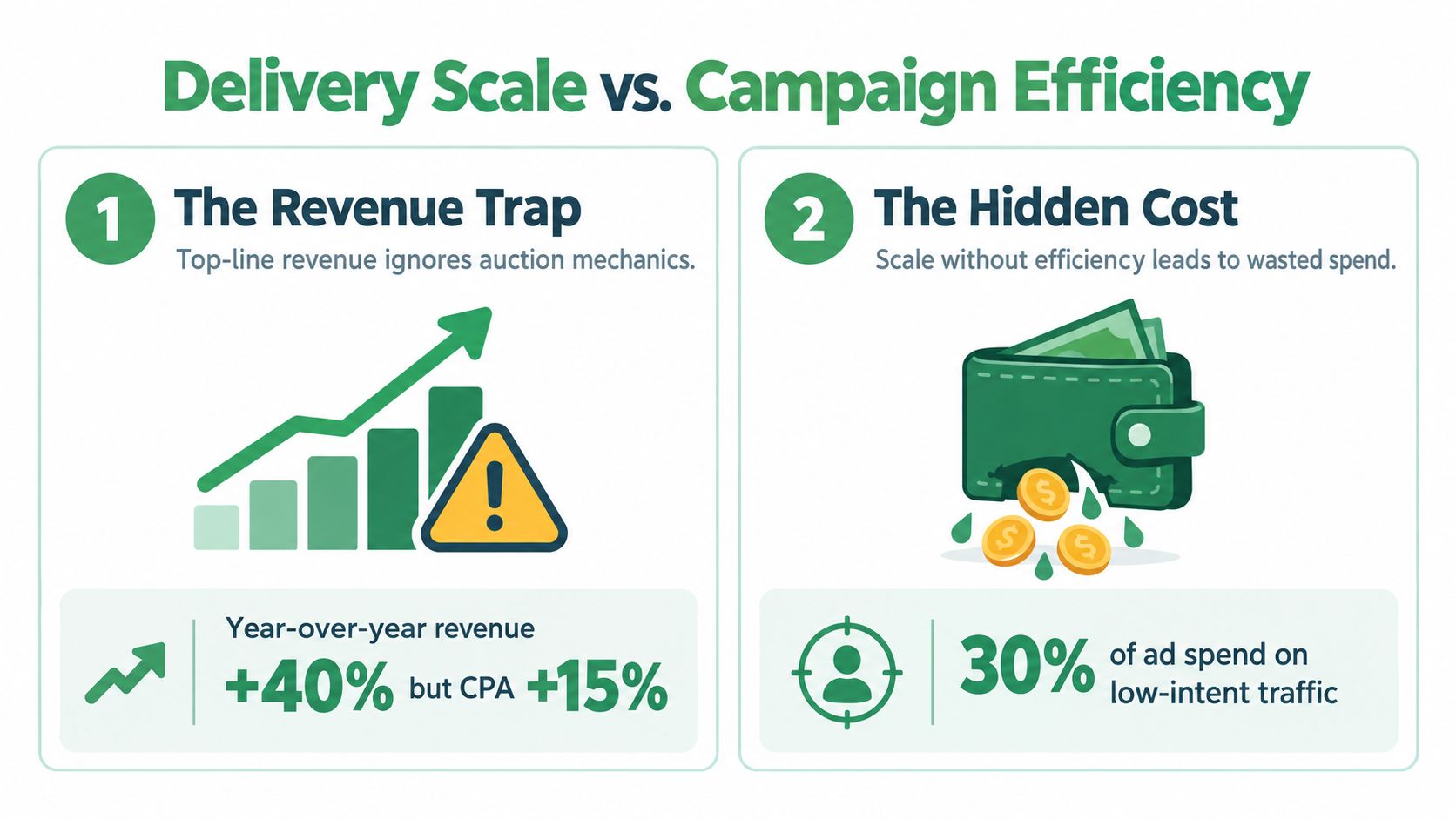 A graphic comparing delivery scale and campaign efficiency, showing revenue traps and hidden costs in advertising.