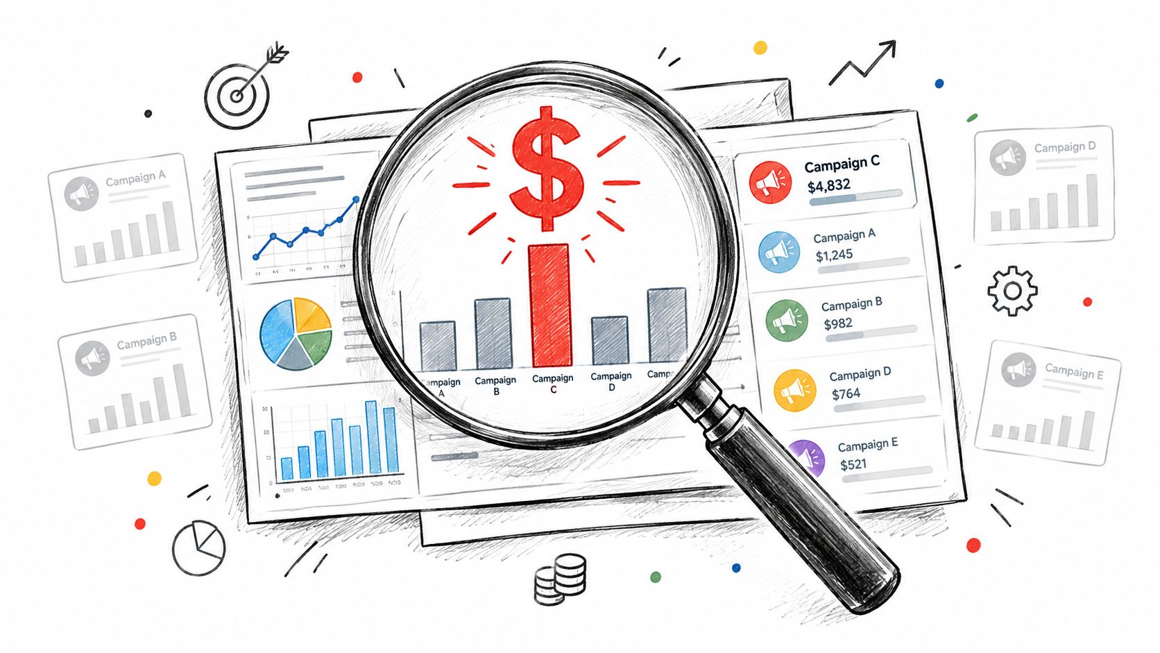A magnifying glass focusing on a bar chart highlighting the highest performing digital marketing campaign data.