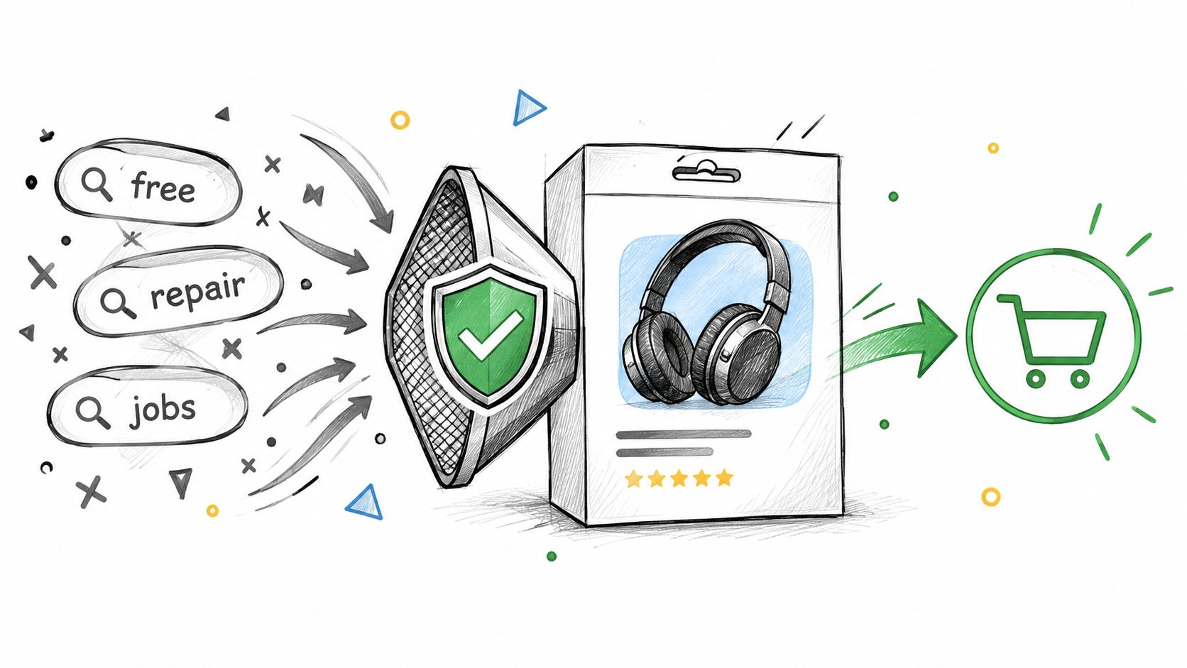 A digital illustration showing a shield filtering search queries towards a boxed headphone product and shopping cart.