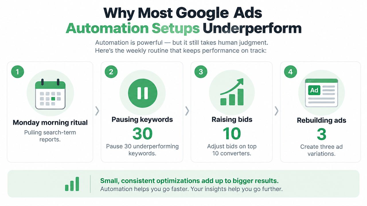 An infographic showing a four-step weekly routine for managing Google Ads automation to improve marketing performance.