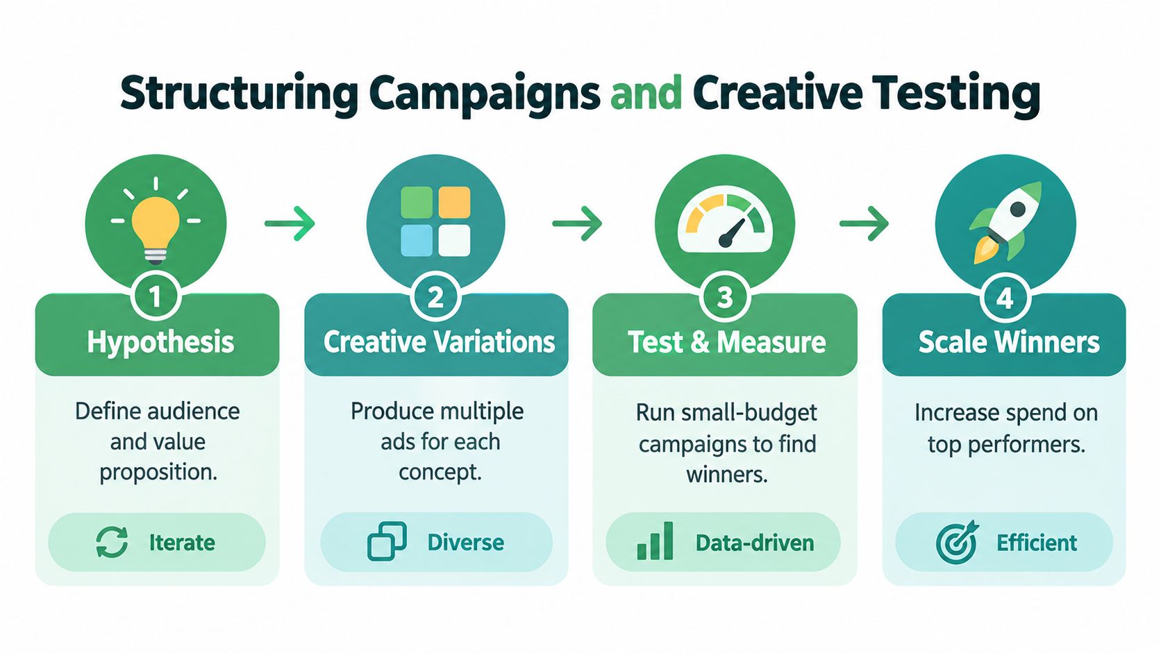 A four-step infographic showing how to structure digital ad campaigns through testing and data analysis.