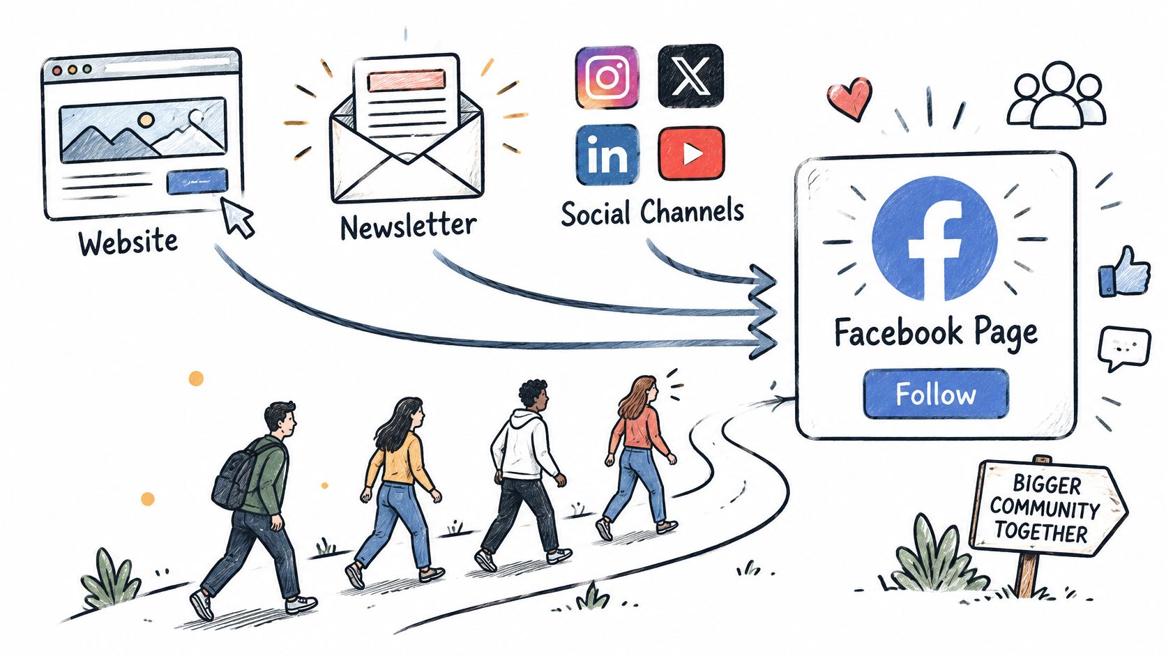 A diagram showing website, newsletter, and social media traffic flowing into a Facebook page to build community.