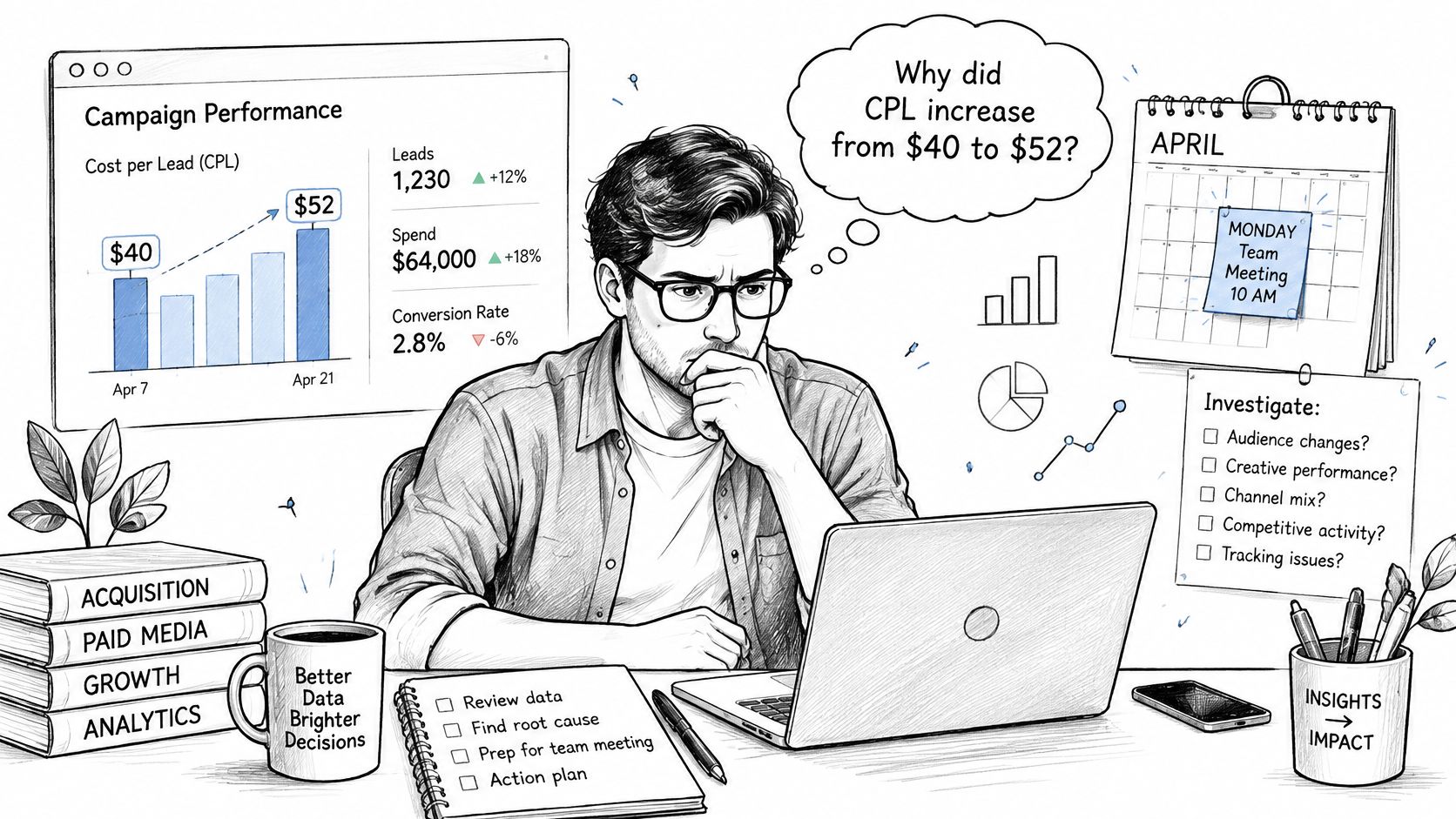 A professional analyzing campaign data on a laptop, surrounded by business notes, charts, and planning tools.