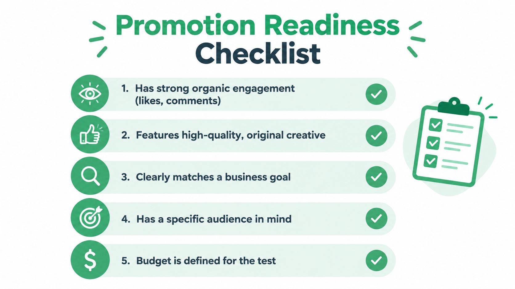 A checklist for promotion readiness featuring five key steps for successful social media advertising campaigns.