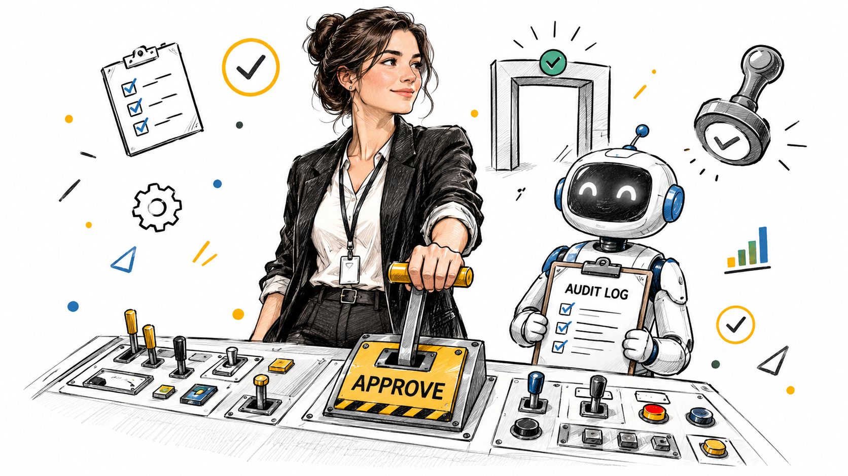 A professional woman and a robot working together at a control panel to approve digital processes.