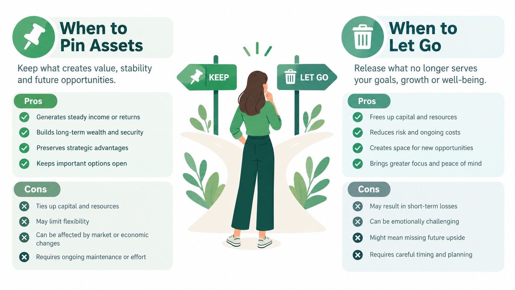 A woman stands at a crossroads choosing between keeping assets or letting them go, with pros and cons listed.