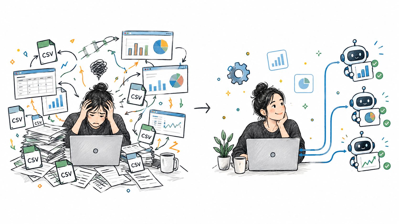 A woman overwhelmed by data and documents transitions to efficient AI-powered workflow analysis and automation.