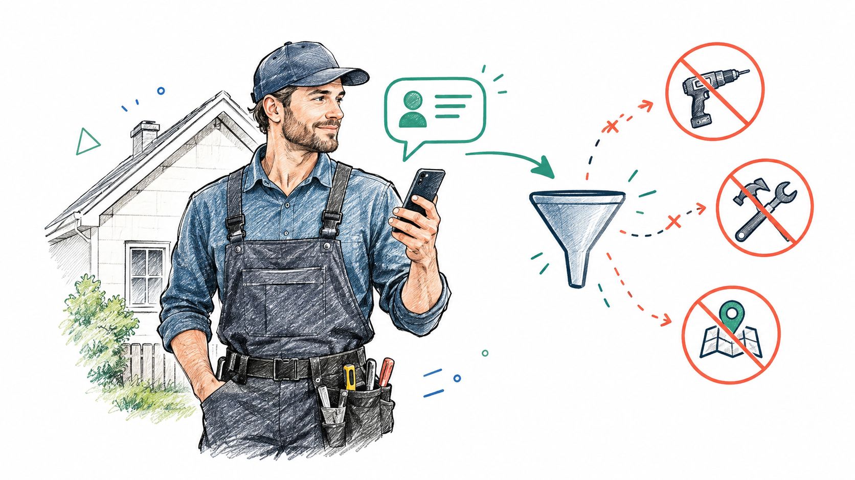 A professional construction worker uses a smartphone to filter out irrelevant job leads and tools