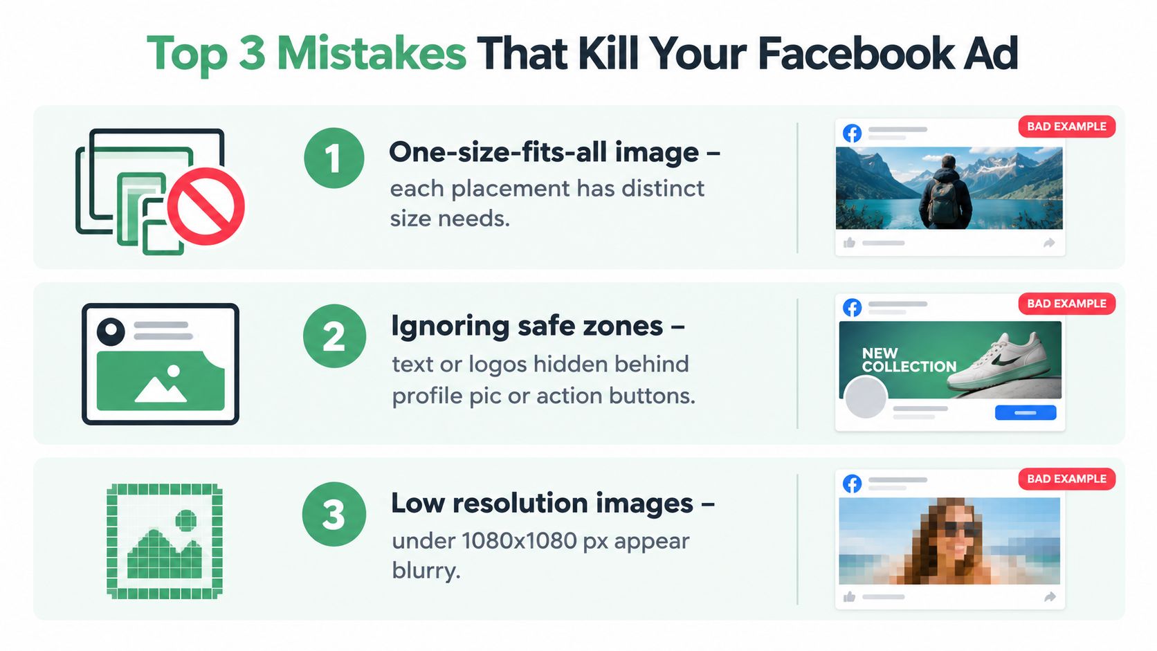An infographic detailing the top three common mistakes that can negatively impact Facebook ad performance.