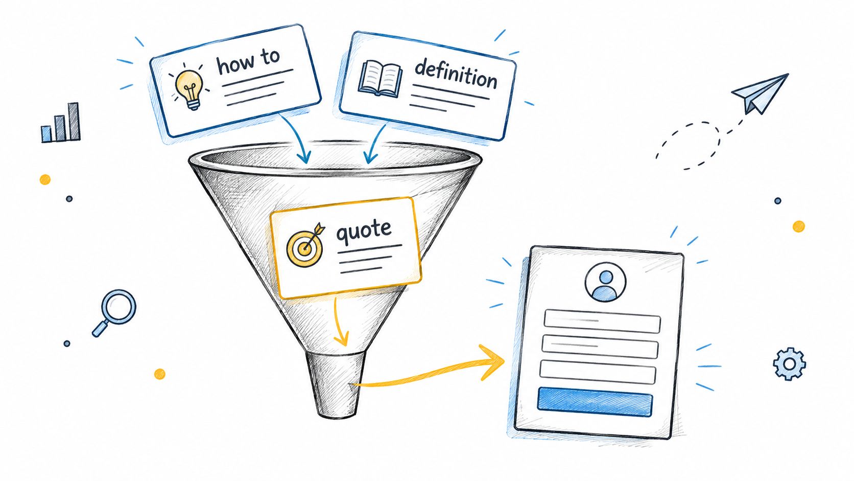A conceptual hand-drawn diagram illustrating a sales funnel where content types lead to a lead generation form.