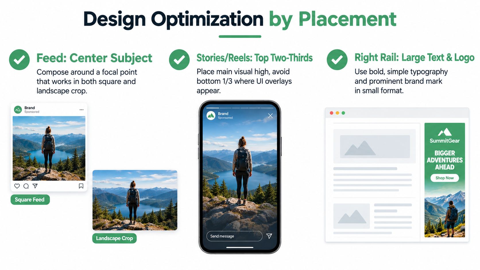 An infographic illustrating design optimization techniques for Facebook ads across feed, stories, and right rail placements.