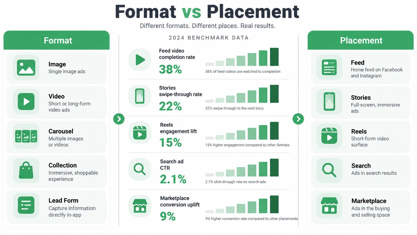 A comparison chart showing 2024 benchmark data for various Meta ad formats and their corresponding ad placements.