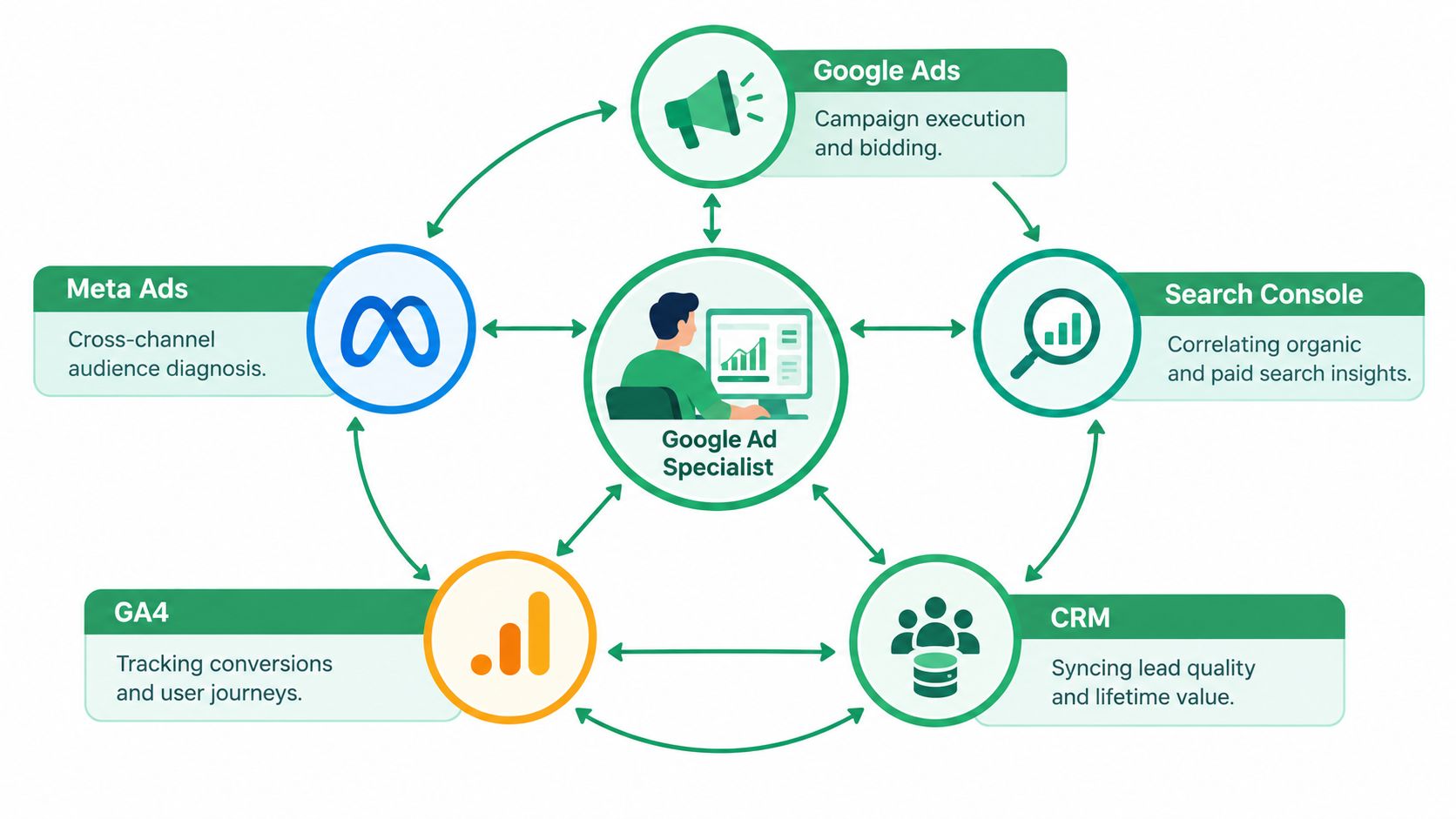 A diagram illustrating how a Google Ad Specialist interacts with Google Ads, Search Console, CRM, GA4, and Meta Ads.