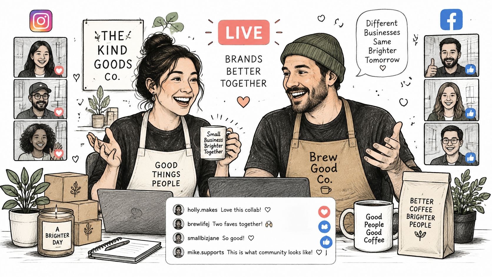 Two entrepreneurs hosting a live collaborative business session on social media platforms to engage with their online community.