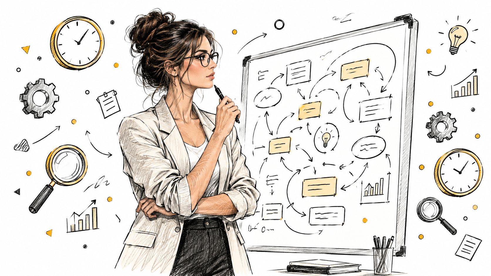 A professional woman in business attire thinking in front of a whiteboard with flowcharts and sketches.