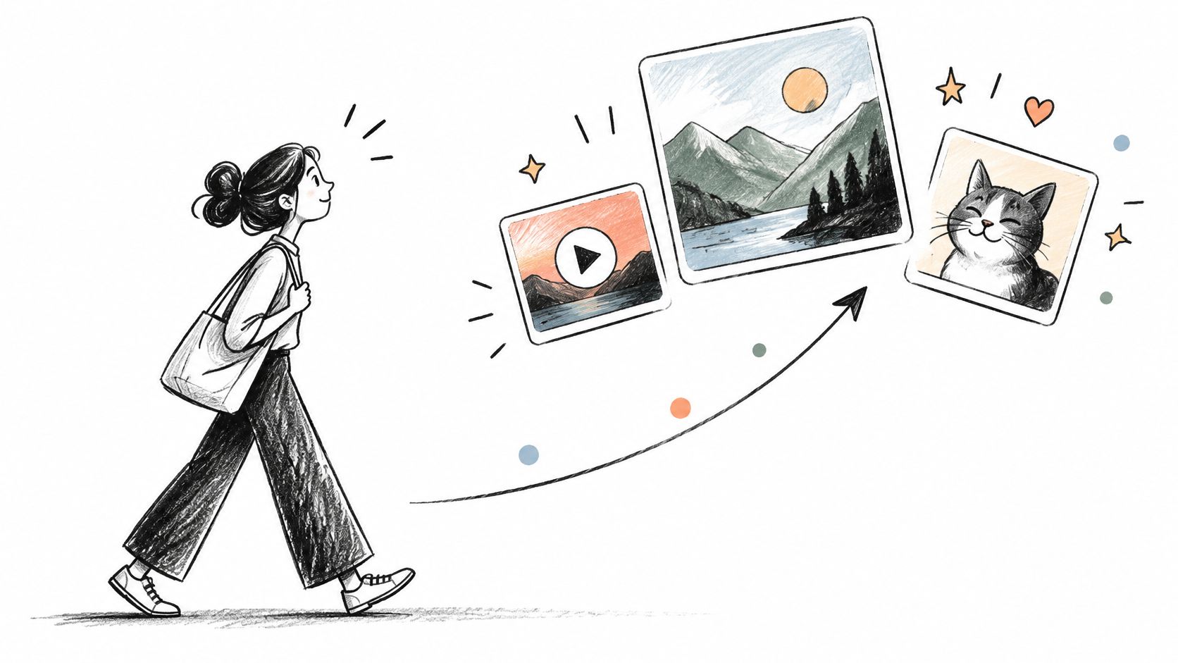 A hand-drawn illustration of a woman walking beside icons representing video, landscape, and pet advertising formats.