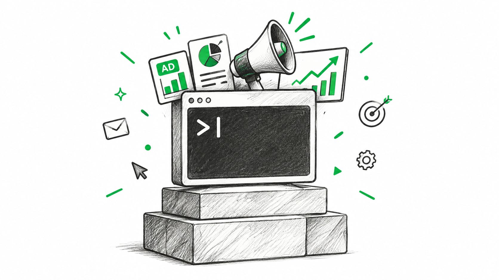 A pencil sketch of a computer terminal, megaphone, and business growth charts representing marketing automation software.