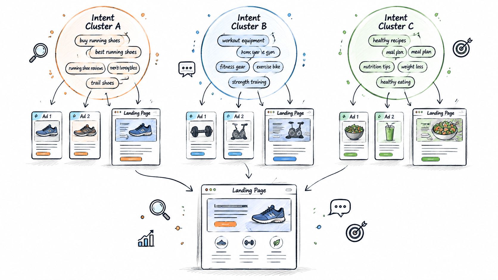 A diagram illustrating how distinct intent clusters lead to specific ads and relevant landing page destinations.