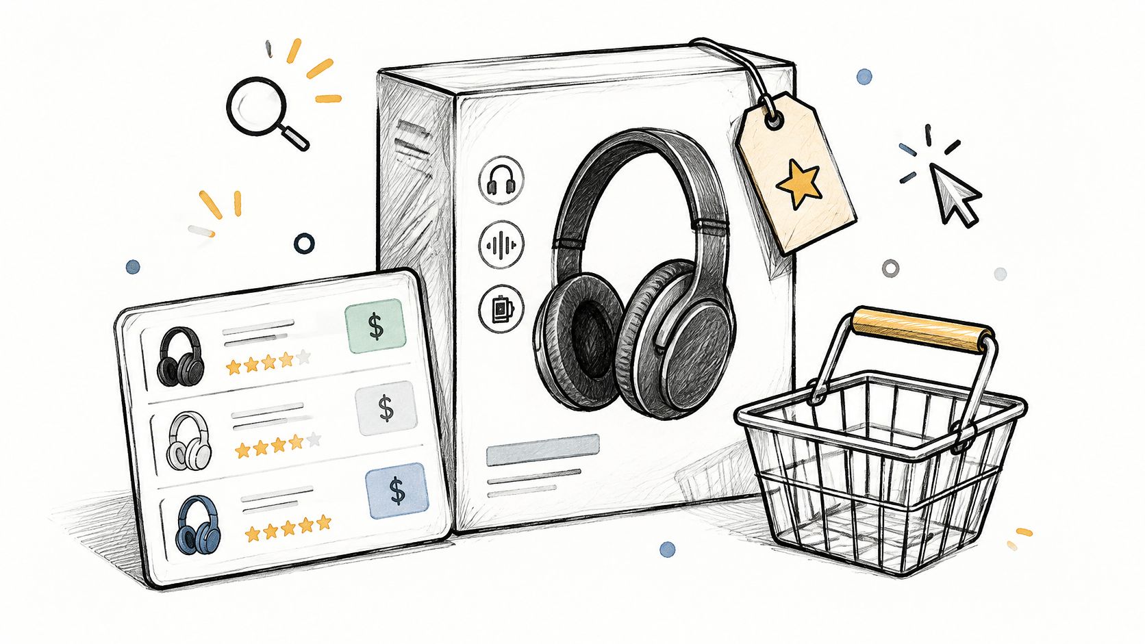 A hand-drawn illustration depicting online shopping for headphones with search tools, price comparisons, and a shopping basket.