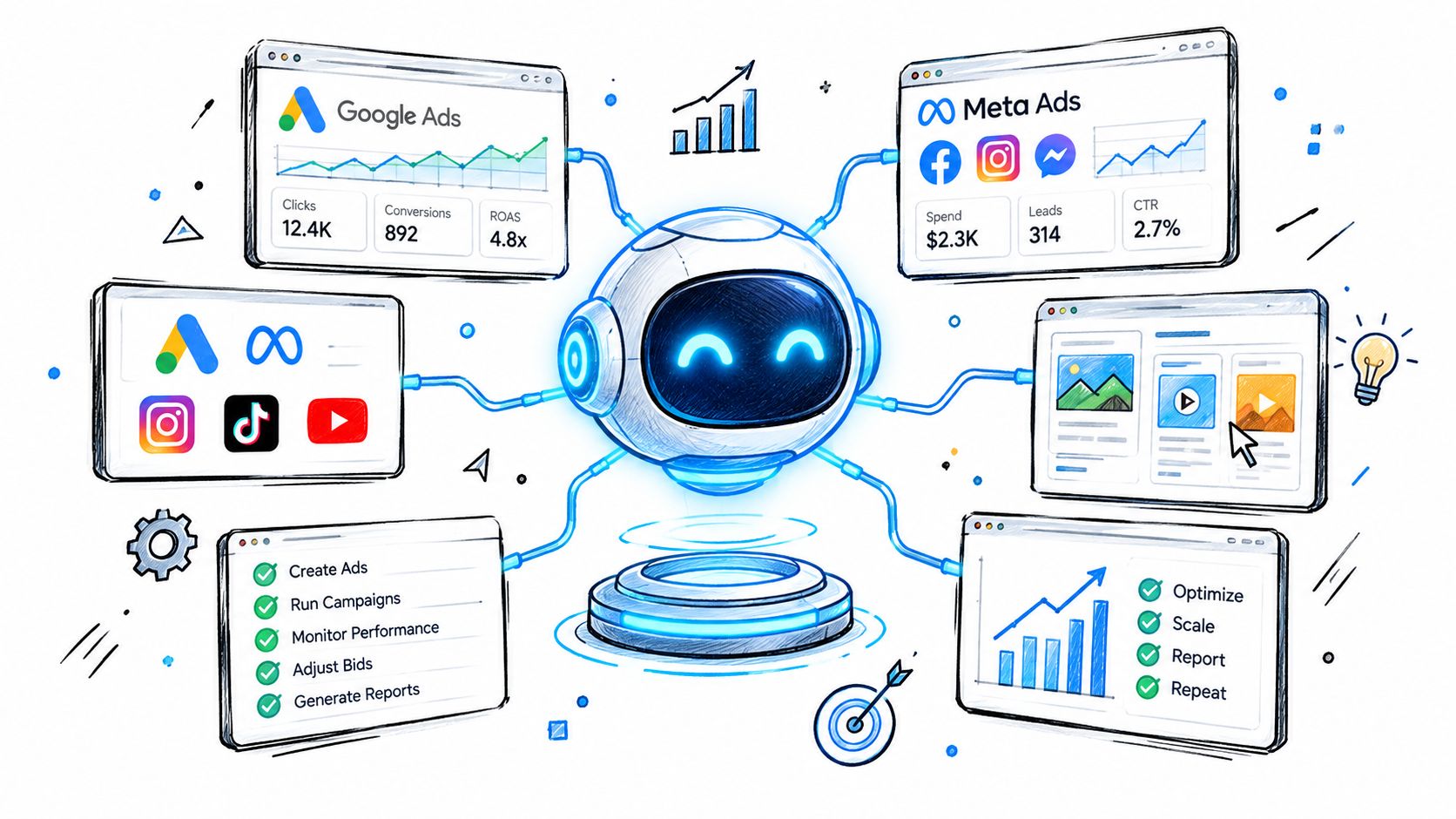 A cute AI robot connected to various advertising dashboards representing automated marketing operations and campaign management.