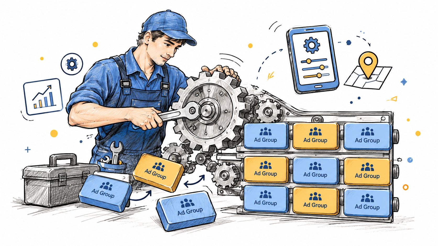 A professional mechanic adjusting gears representing Google Ads optimization with various ad group modules on display.