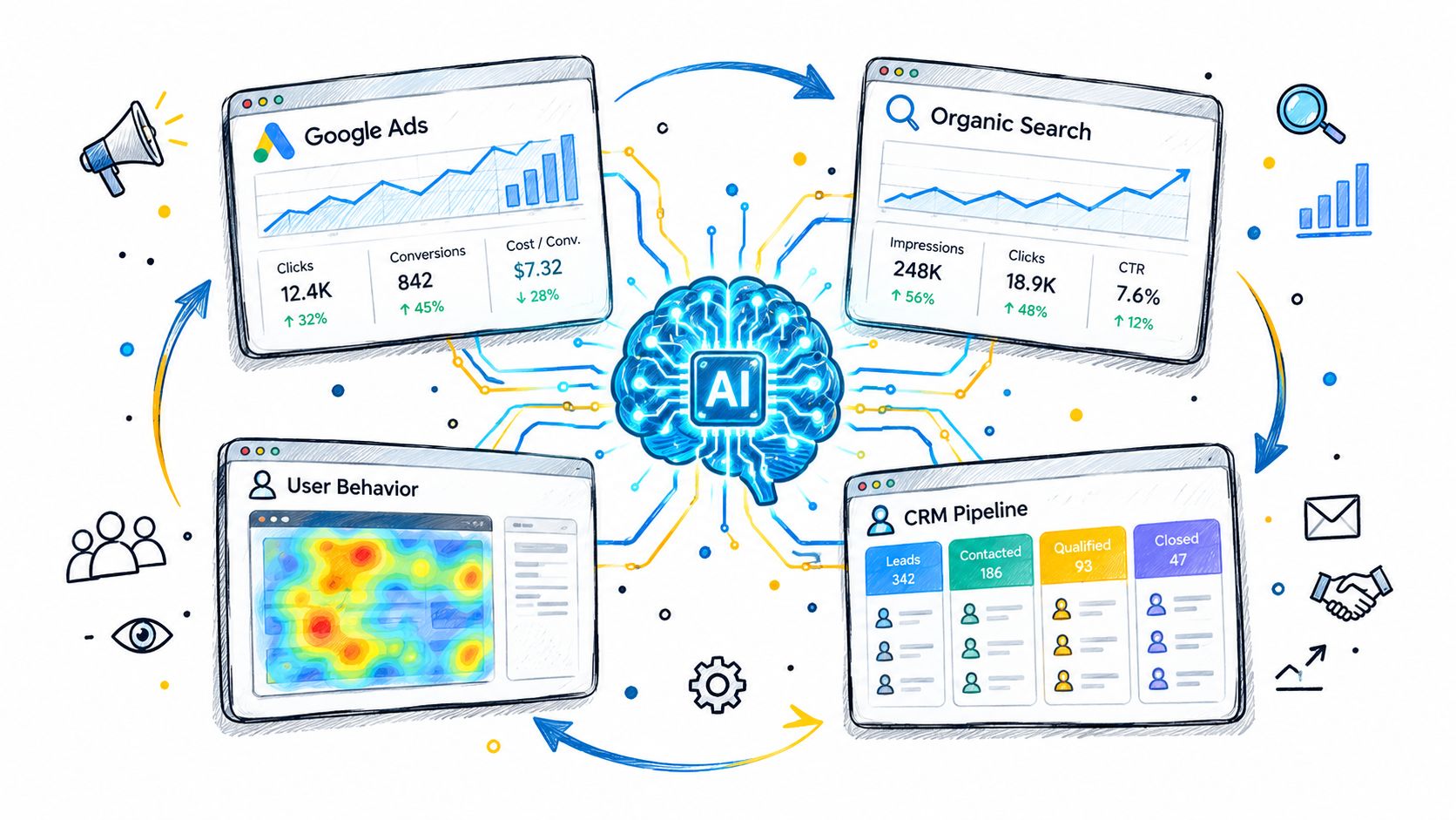 A digital illustration showing an AI brain connected to Google Ads, organic search, user behavior, and CRM data.