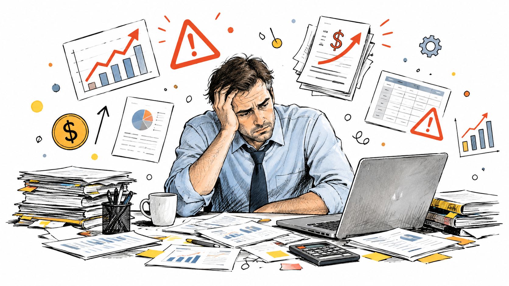 A stressed office worker sitting at a cluttered desk surrounded by charts, financial documents, and laptops.