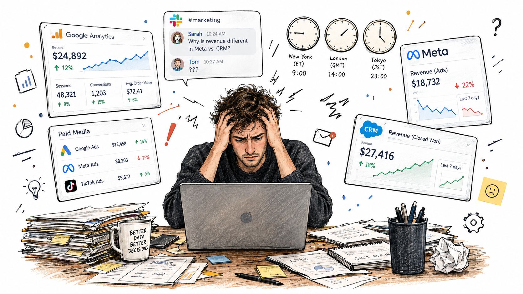 A stressed man sitting at a messy desk looking at multiple conflicting marketing data dashboards on screens.