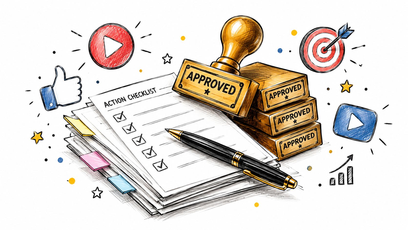 A checklist with approved stamps, a pen, and digital marketing icons on a white background.