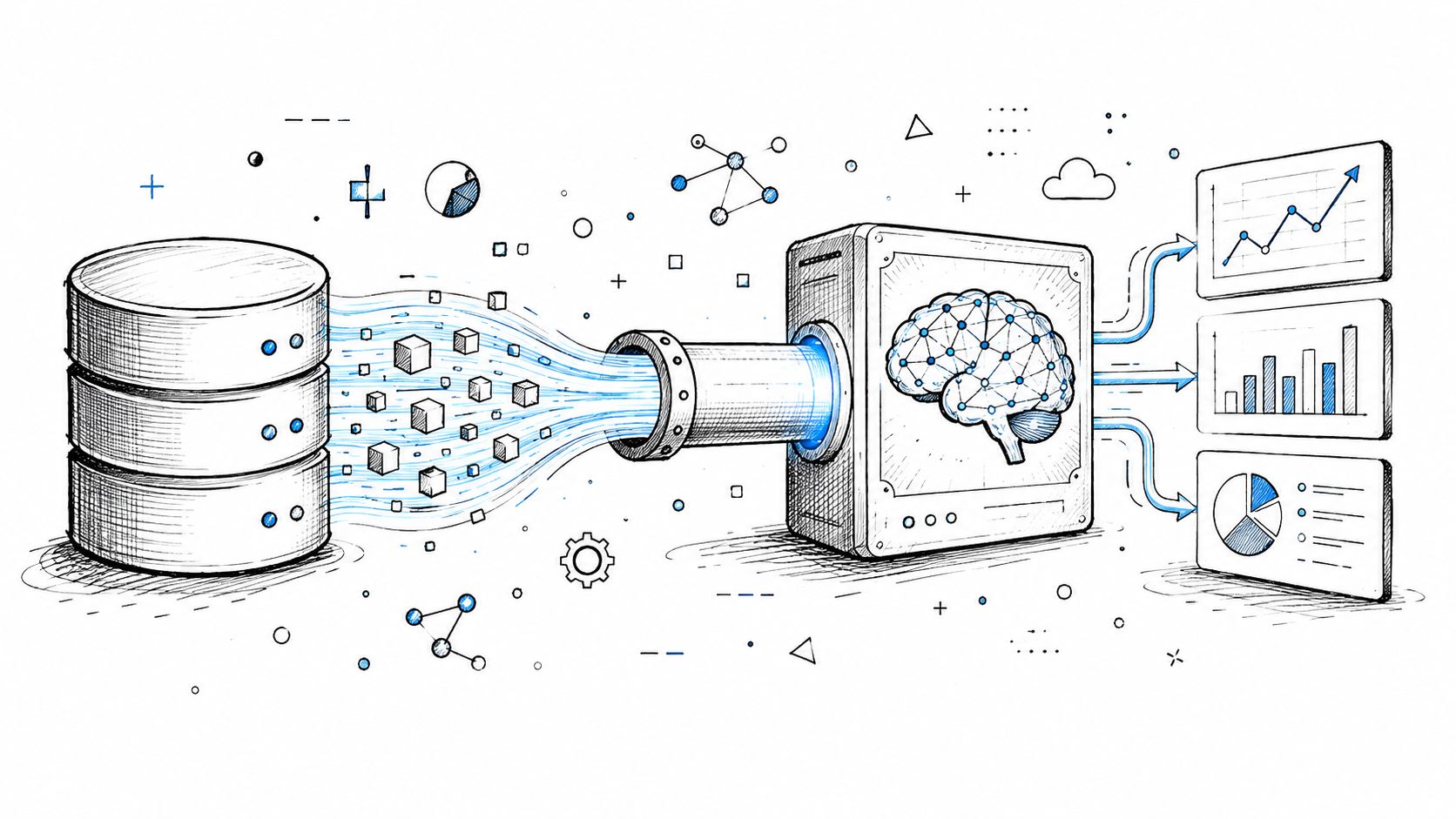 A hand-drawn illustration showing data being processed from a database through AI into visual charts and graphs.