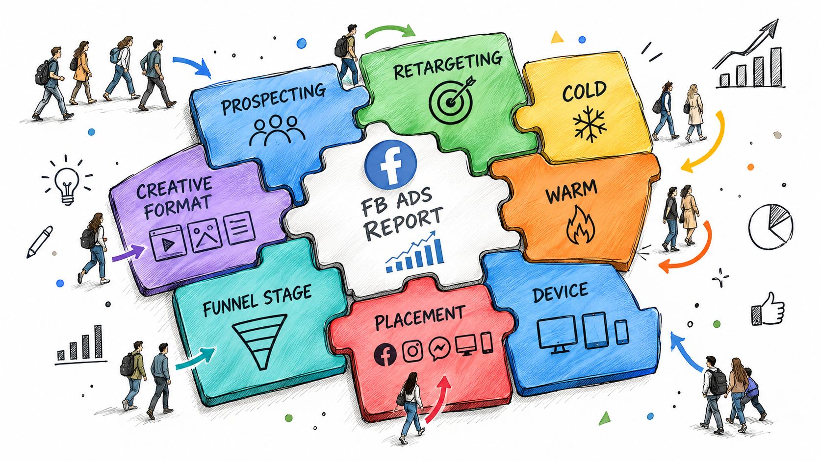 A diagram illustrating components of an FB Ads report including prospecting, retargeting, creative formats, and audience segments.