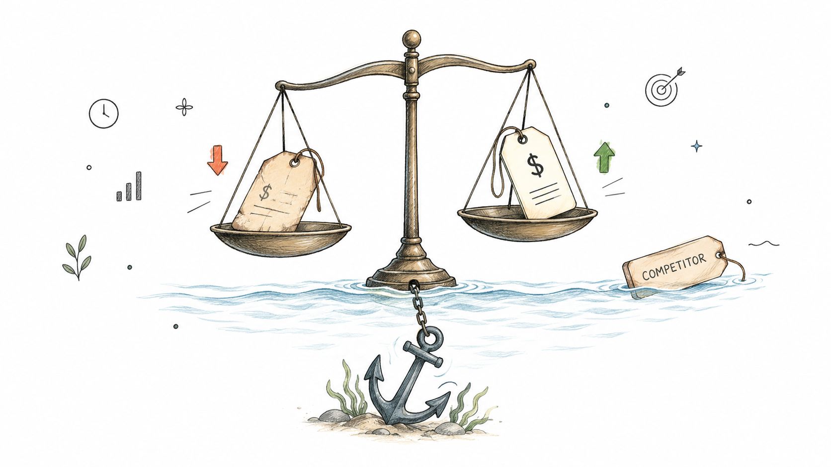 A conceptual illustration of an anchor weighing down a balance scale comparing pricing strategies and competitor value.