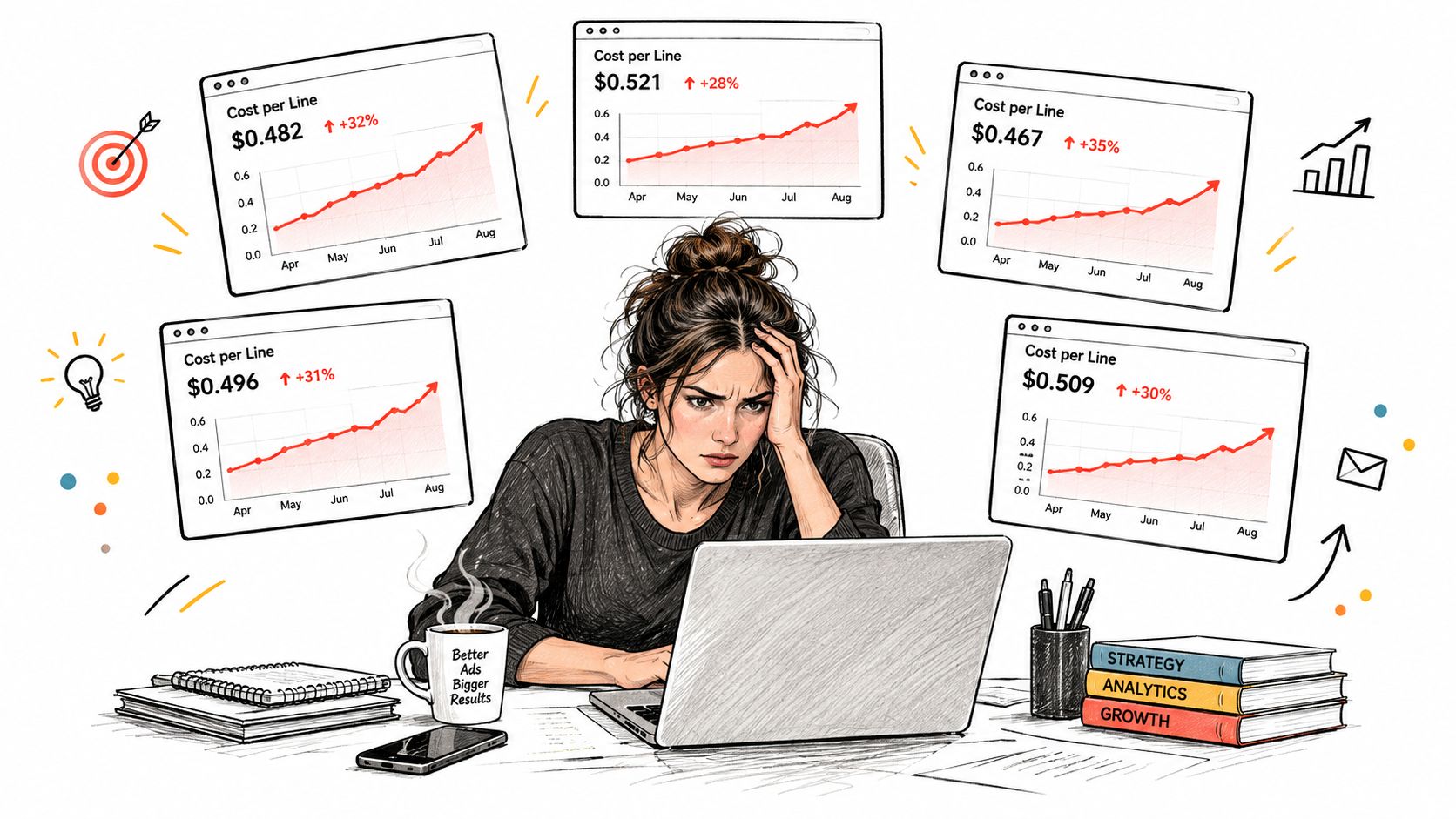 A stressed woman working on her laptop surrounded by multiple floating digital charts showing rising marketing costs.