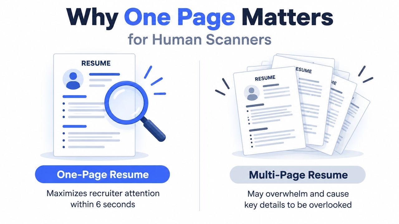 An infographic comparing the benefits of a one-page resume versus a cluttered multi-page resume for recruiters.