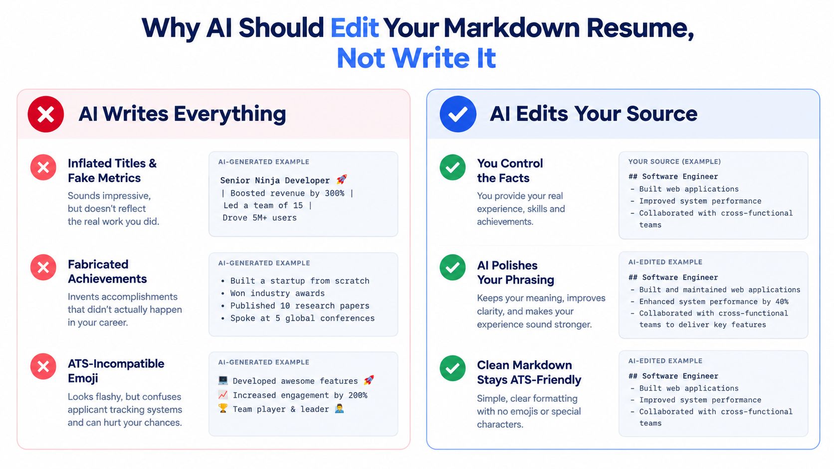 A comparison chart explaining why AI should edit your resume instead of writing it from scratch.
