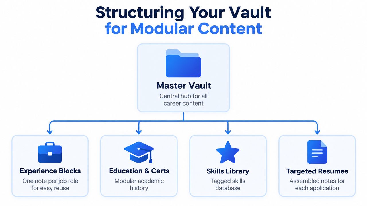 A diagram illustrating a modular vault structure for organizing career content such as resumes and professional experience.