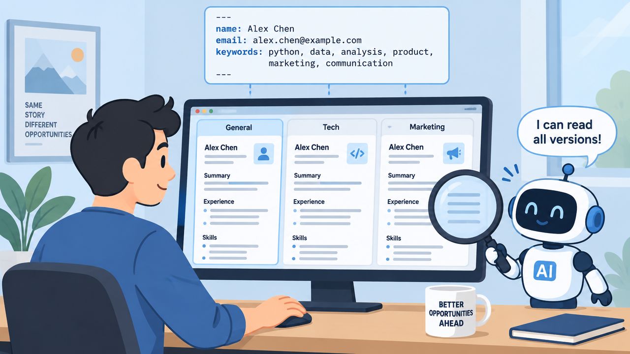 A person using an AI tool to generate customized versions of a resume for different career paths.
