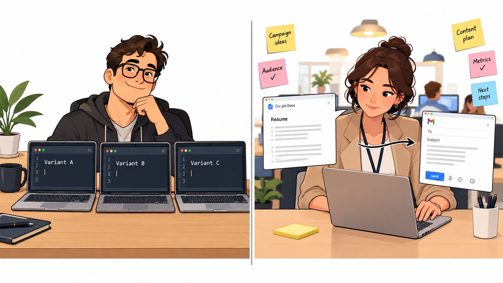 An illustration showing a man comparing coding variants on laptops alongside a woman emailing a resume.