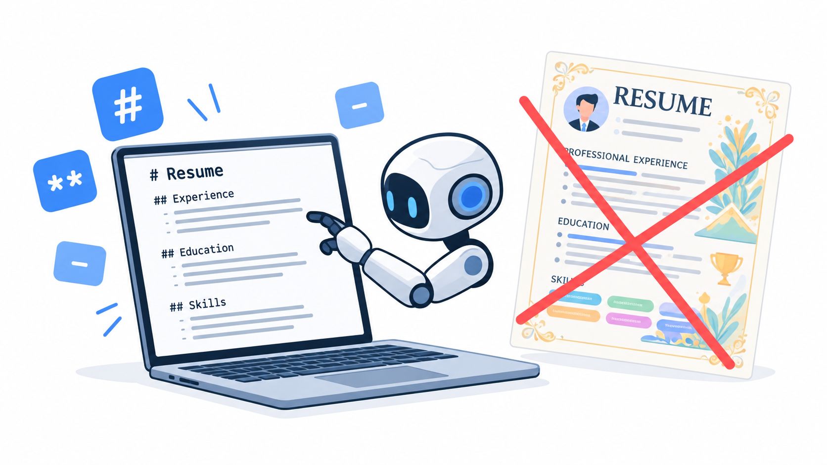A robot interacting with a markdown resume on a laptop screen, rejecting a traditional stylized resume.
