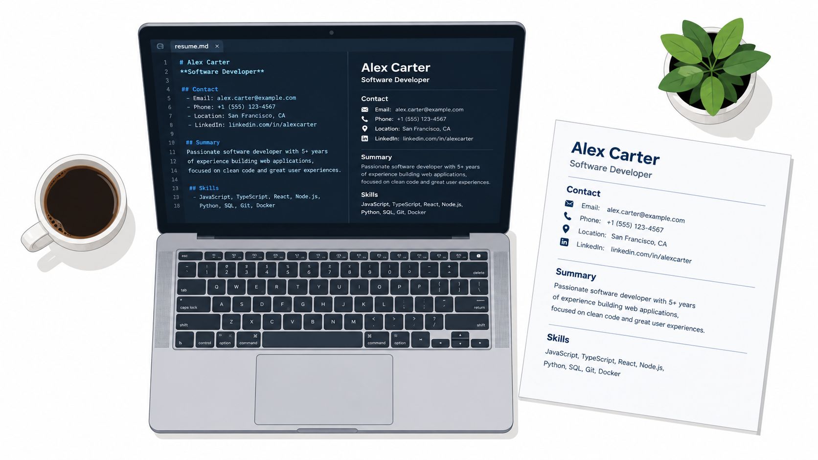A laptop displaying a markdown resume alongside a printed copy of the same document and coffee.