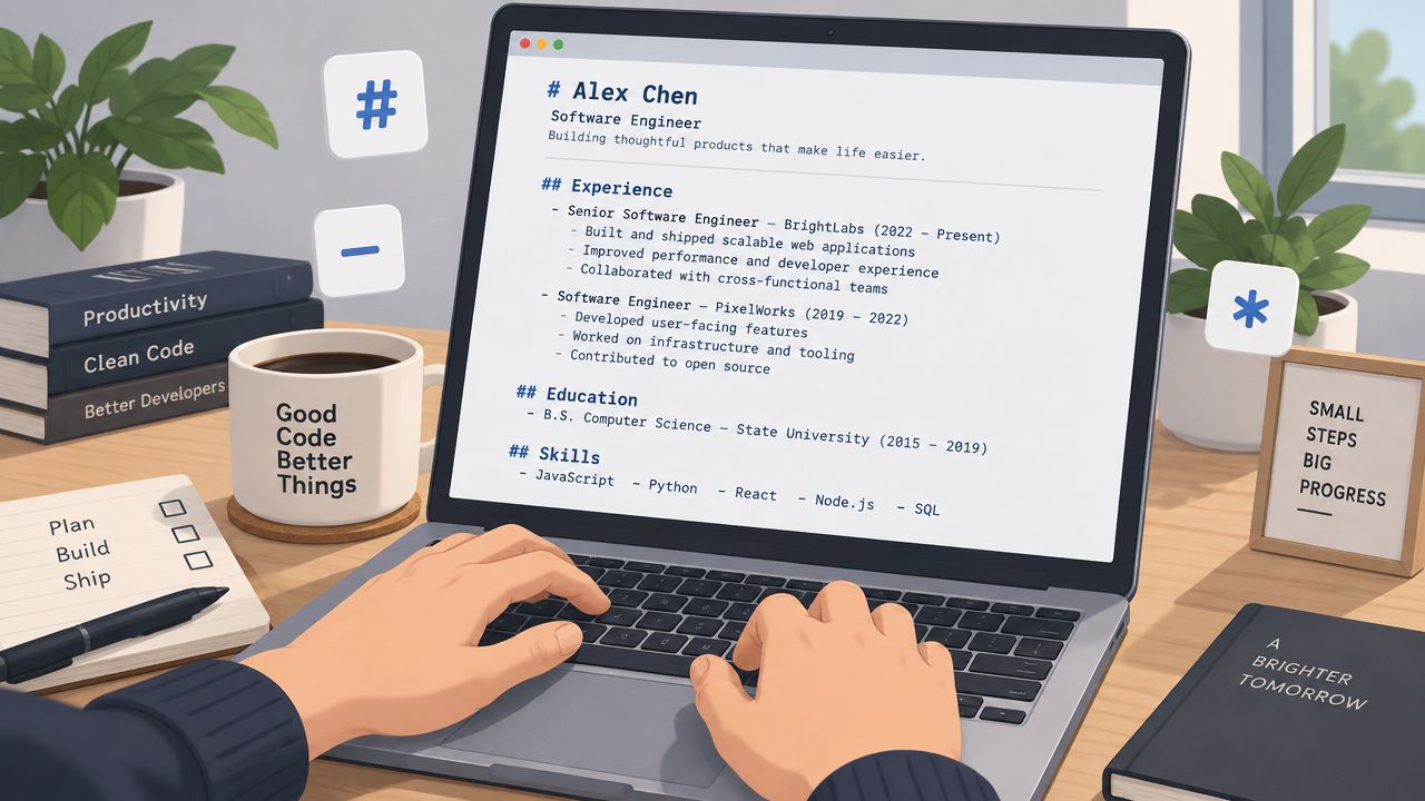 A person typing on a laptop displaying an Obsidian markdown resume with experience and skills sections.