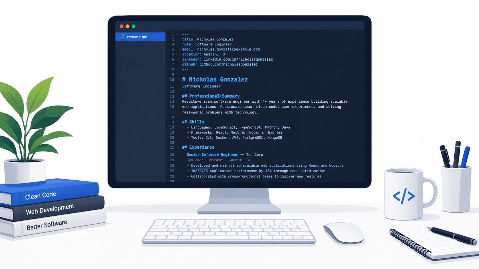 A modern computer desk setup with a monitor displaying a software engineer's resume written in markdown code.