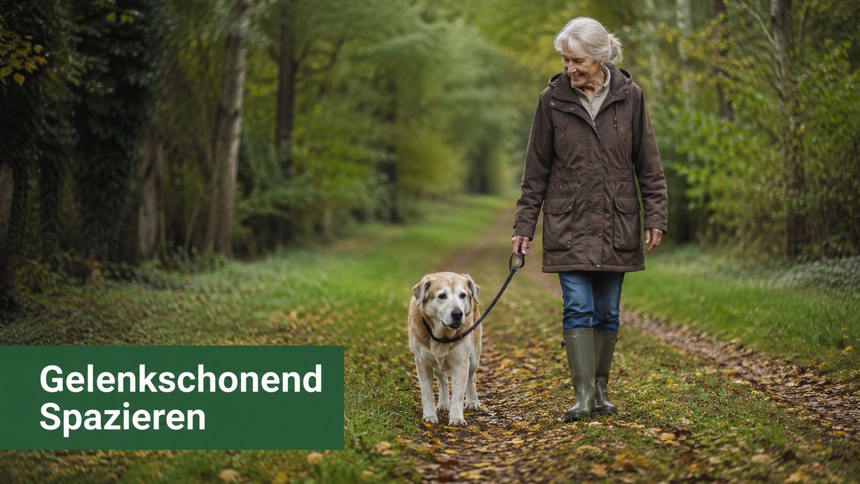 Eine ältere Frau geht mit ihrem Hund auf einem Waldweg spazieren und lächelt zufrieden beim Gehen.