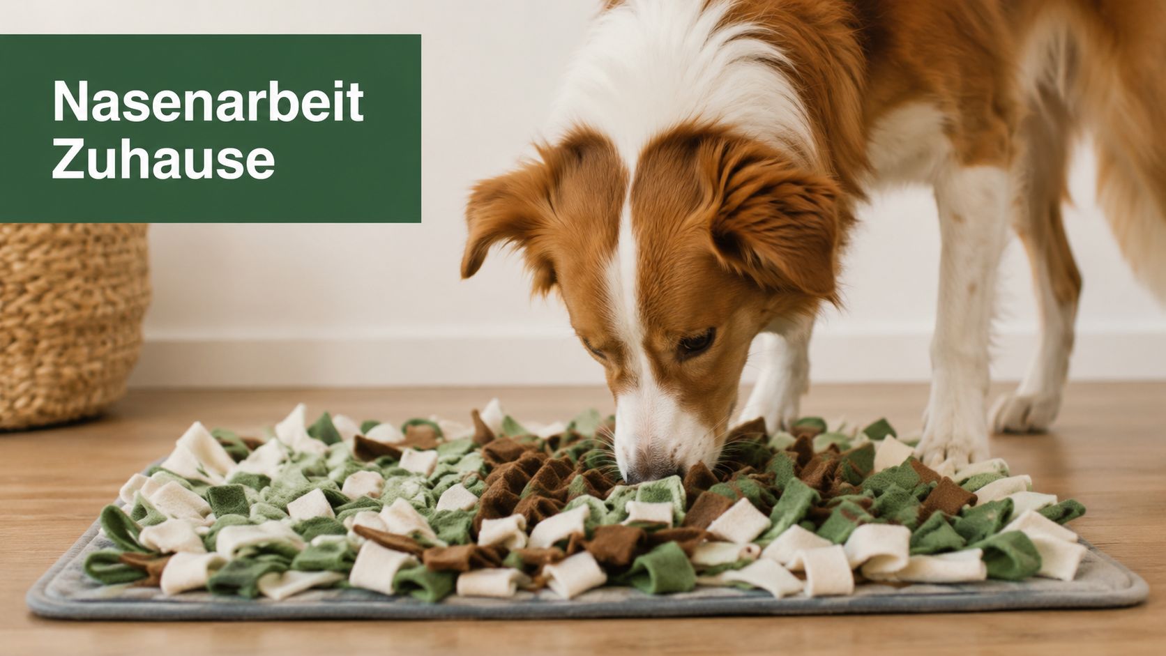 Ein braun-weißer Hund schnüffelt an einer Schnüffelmatte auf einem Holzboden für Nasenarbeit zu Hause.