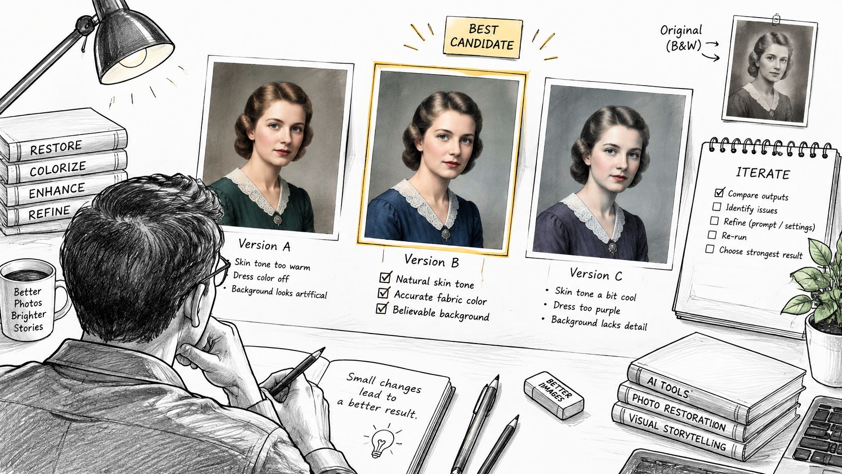 An artist at a desk comparing three AI-generated colorized versions of a vintage black and white photograph.