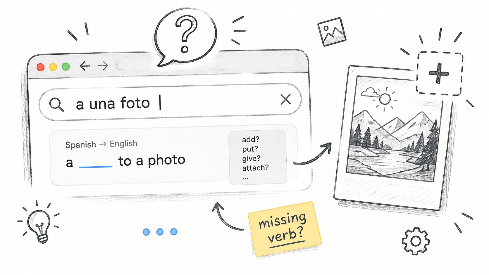 A hand-drawn illustration showing a search bar with the Spanish phrase a una foto and English verb suggestions.