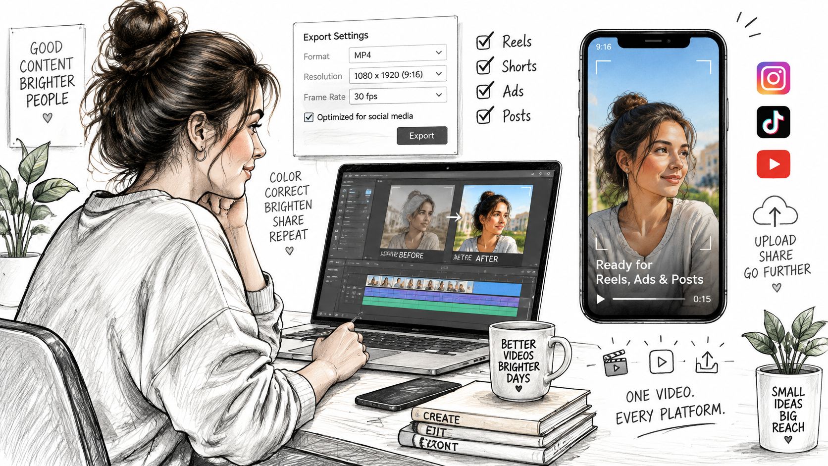A digital illustration showing a woman editing video content on her laptop for social media platforms.