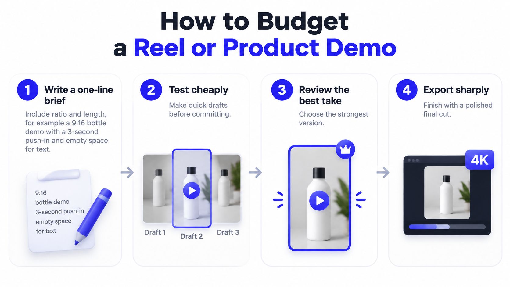A four-step infographic illustrating how to budget for creating a video reel or product demonstration.